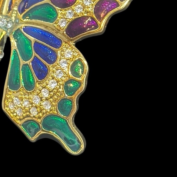 Vibrant, butterfly, enamel, rhinestone, gold tone, brooch, pin blue red green - Picture 2 of 7